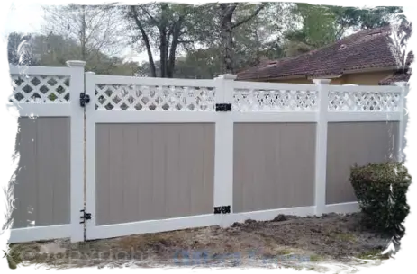 White Frame Lattice Accent Vinyl Privacy with Wood Grain Pickets