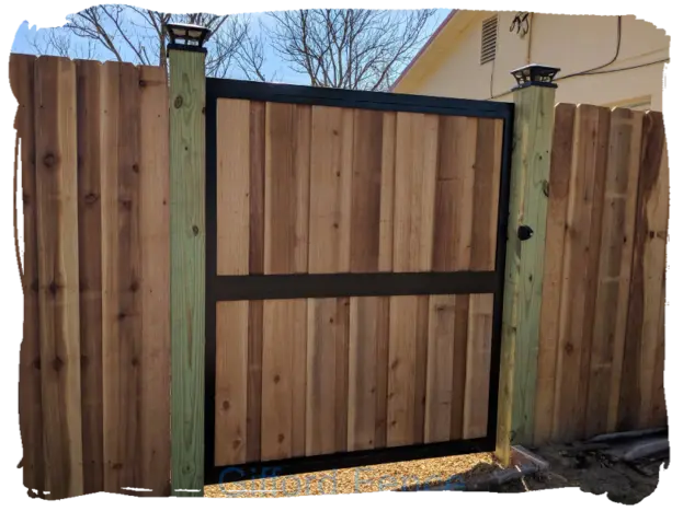 Cedar Board on Board Privacy fence with Aluminum Gate Frame & Solar Post Caps