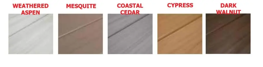 Wood look vinyl fence color options: Cypress, Coastal Cedar, Silver Aspen, and Dark Walnut